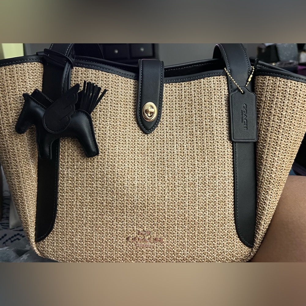 Coach Black and Tan Straw Hadley Shoulder Bag